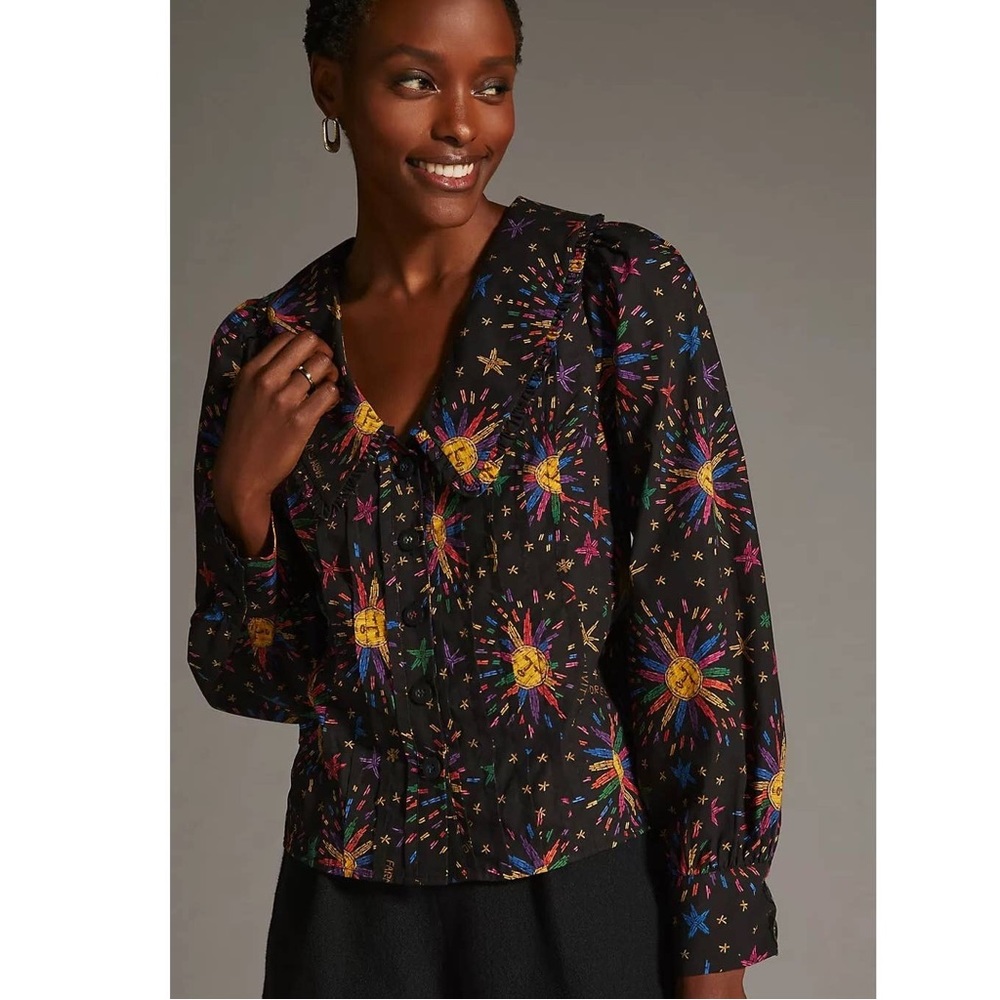 FARM RIO Black Rainbow Suns Blouse button down size medium cotton
